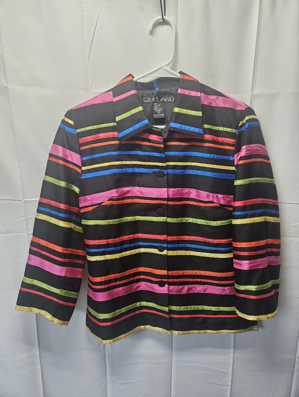 SilkLand Black Striped Satin Jacket with Bright Multicolor Bands Nwot
